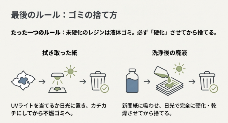 拭き取ったティッシュや洗浄廃液を日光やライトで硬化させてから捨てる手順のフロー図