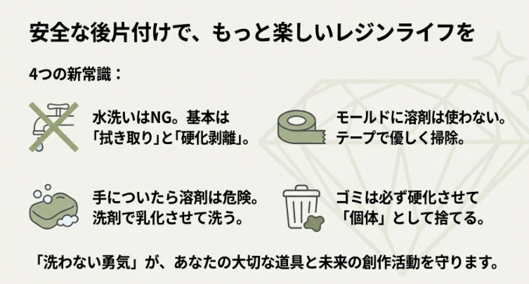 水洗い禁止、テープ掃除、乳化洗浄、個体廃棄の4つのルールをまとめたイラスト