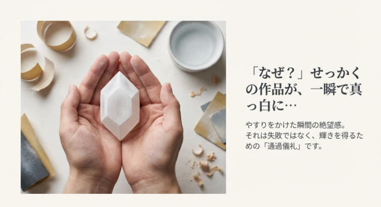 やすりがけをして真っ白に曇ってしまったレジン作品を手にする様子