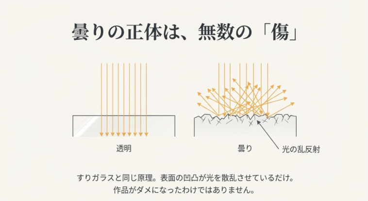 表面の凹凸による光の乱反射と、透明な状態の光の透過比較図