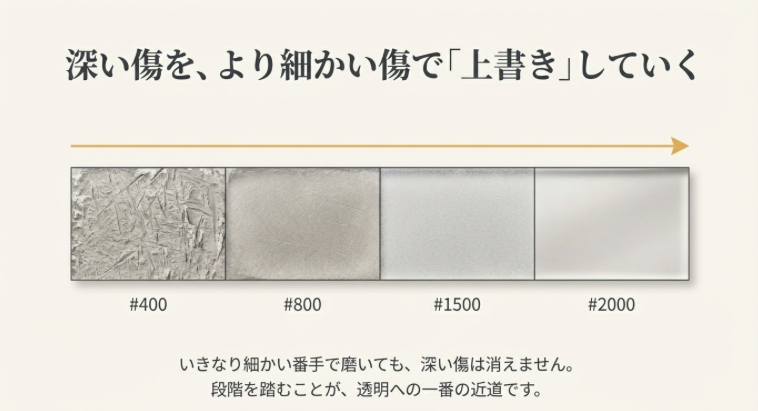 #400から#2000まで段階的に細かい傷へ置き換わっていく研磨工程の図解