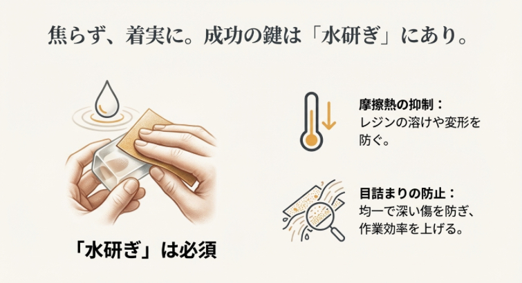 水を使ってレジンを磨くイラストと、摩擦熱抑制・目詰まり防止の効果説明