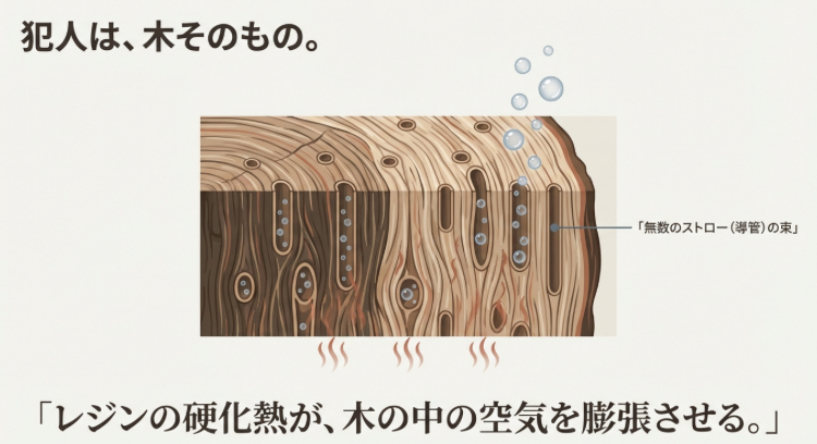 木材の導管(ストロー状の束)から、硬化熱によって空気が膨張し気泡が発生するメカニズムの図解