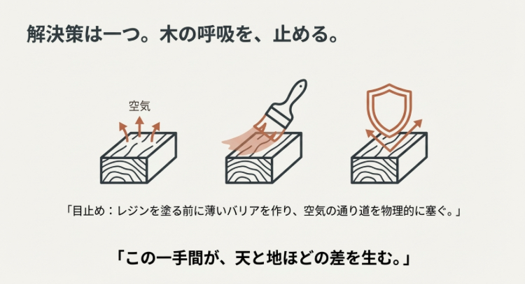 木材にニスやレジンを塗って「目止め」を行い、空気の通り道を物理的に塞ぐ工程のイラスト