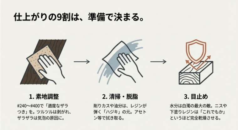 レジンを塗る前の重要手順:1.素地調整(やすりがけ)、2.清掃・脱脂、3.目止め(乾燥)の図解