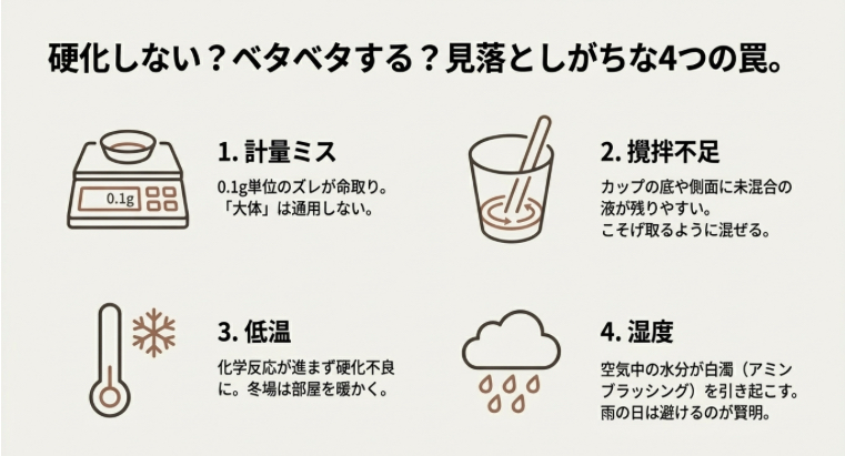 レジン硬化不良の4大原因(計量ミス、攪拌不足、低温、湿度)のアイコン解説