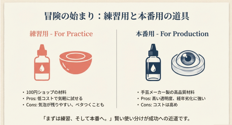 練習用の100均レジンと本番用のメーカー製レジンのメリット・デメリット比較図