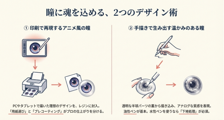 アニメ風の印刷技法と温かみのある手描き技法、2つのレジンアイ作成アプローチ