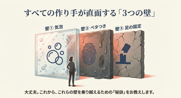 レジンアイ制作で直面する3つの壁(気泡、ベタつき、足の固定)を描いたイラスト
