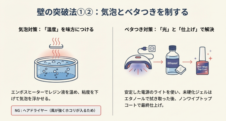 エンボスヒーターによる気泡除去と、未硬化ジェルの拭き取り・コーティングによるベタつき解消法