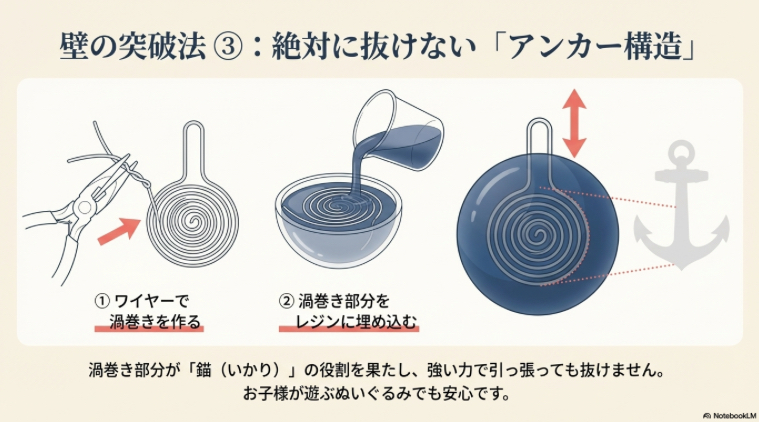 ワイヤーを渦巻き状にしてレジンに埋め込み、抜けなくするアンカー構造の図解