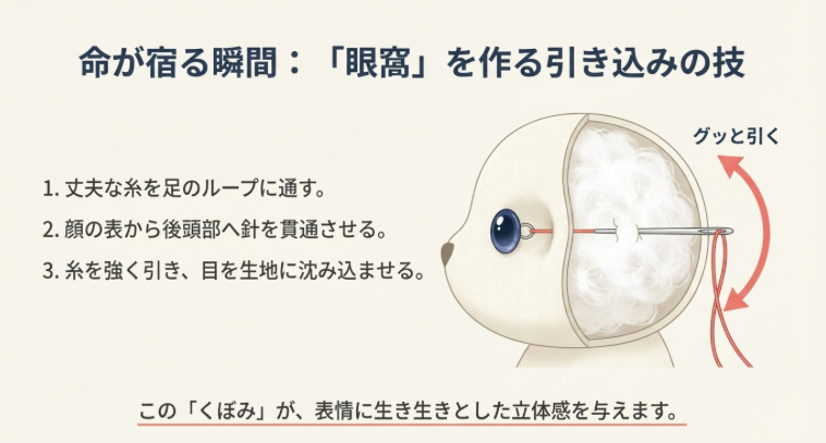 糸を強く引くことでぬいぐるみの顔にくぼみ(眼窩)を作り、表情を豊かにする方法