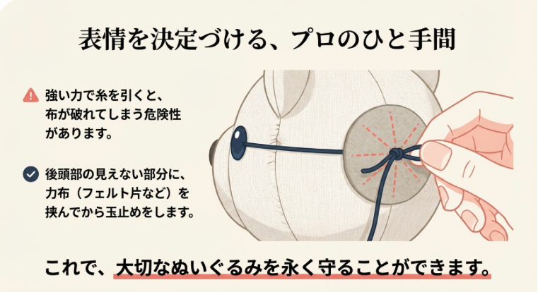 ぬいぐるみの後頭部で糸を玉止めする際、布破れを防ぐために力布を挟むテクニック