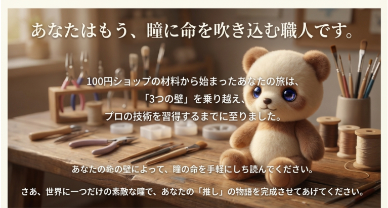 100均材料から始まりプロの技術を習得した職人へのメッセージと完成したクマのぬいぐるみ