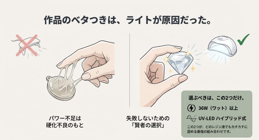 レジン作品のベタつき原因となるライトとおすすめのUV-LEDハイブリッドライトの比較イラスト