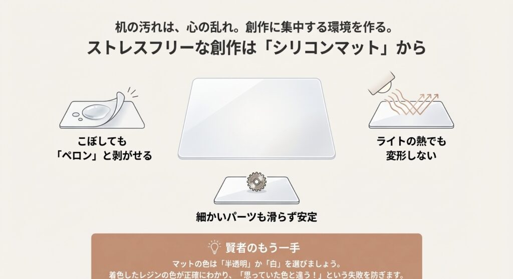 レジン液をこぼしても剥がせるシリコンマットの特徴と選び方の解説図