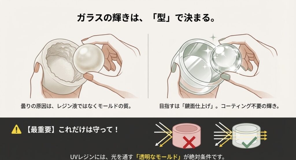 レジン作品の輝きを決める鏡面仕上げモールドとUVレジンに必要な透明モールドの解説図