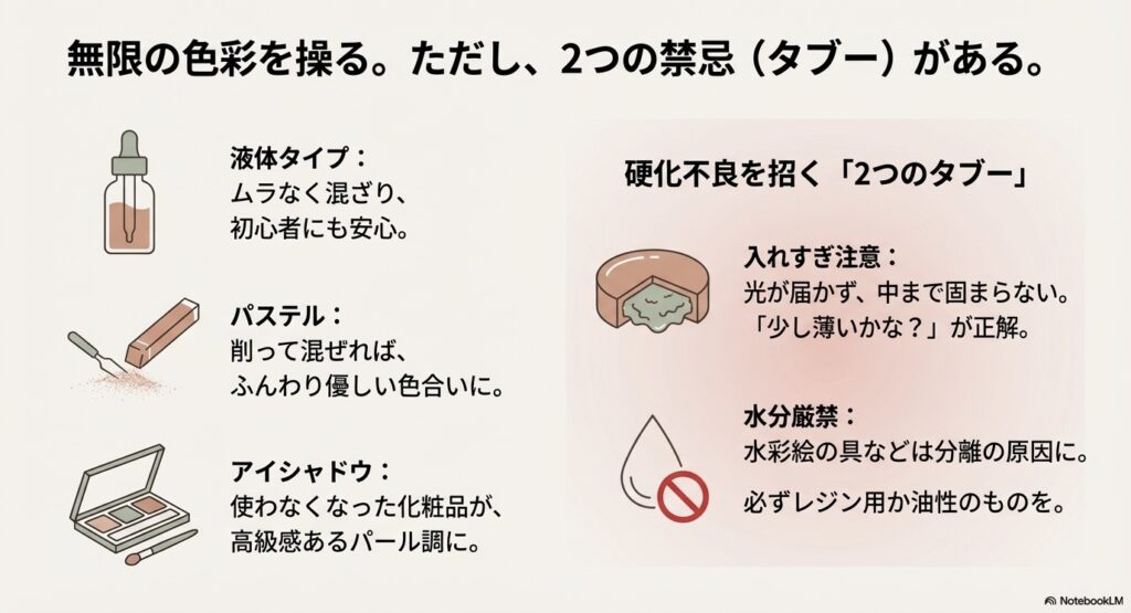 レジン着色剤の液体タイプ・パステル・アイシャドウの使い分けと混ぜる際の注意点解説
