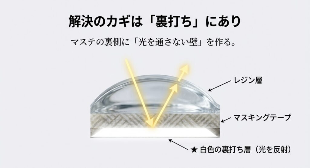 マスキングテープの裏側に白色の裏打ち層を作り、光を反射させてレジン内での透けを防ぐ断面図解。