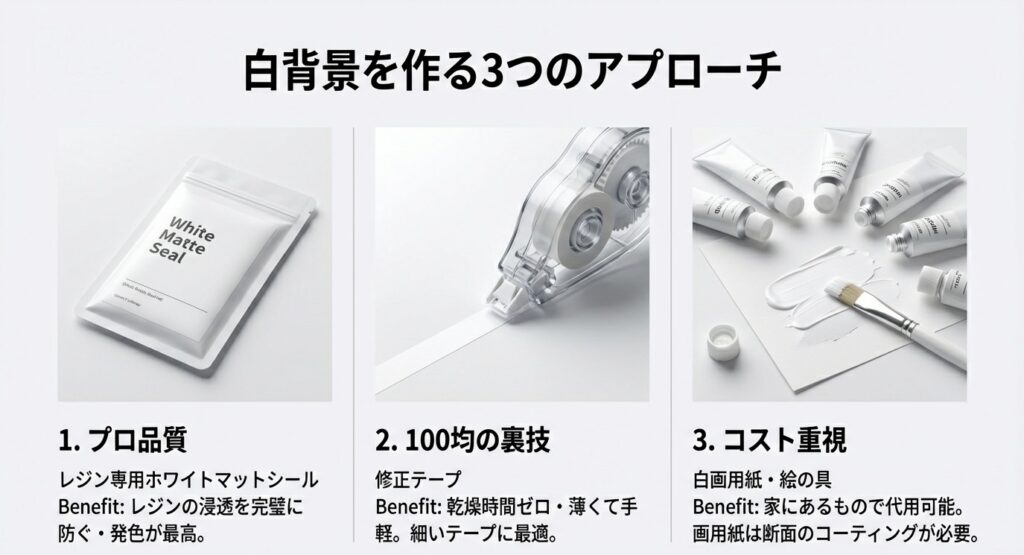 1.プロ品質のホワイトマットシール、2.100均の修正テープ、3.コスト重視の画用紙と絵の具。3種類の裏打ち方法の比較画像。