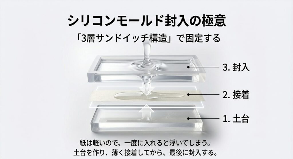 モールド内でマステが浮くのを防ぐための「3層サンドイッチ構造」。土台、接着、封入の3ステップを図解。