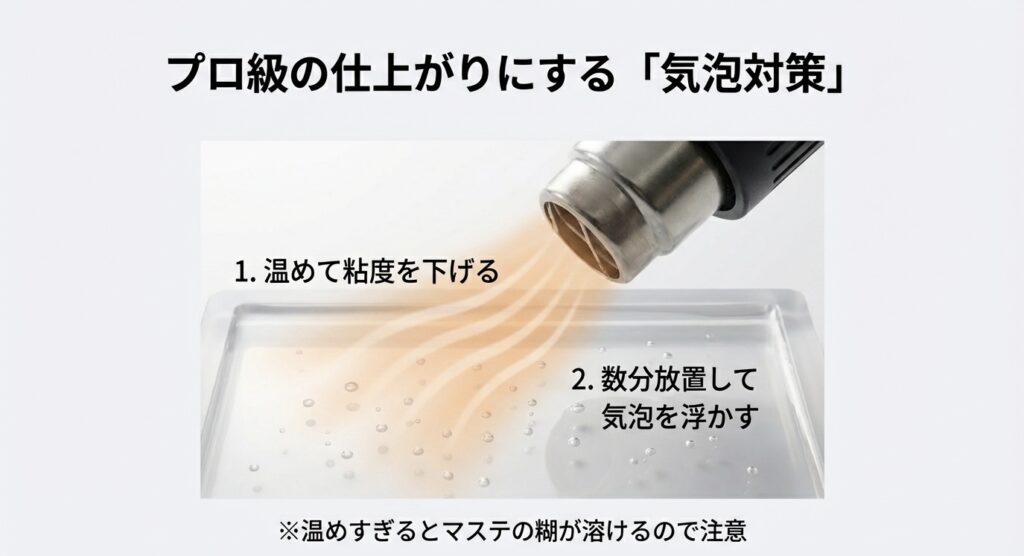 レジン液にエンボスヒーターで温風を当てて粘度を下げ、気泡を浮かせて消すプロ級の仕上げテクニック。
