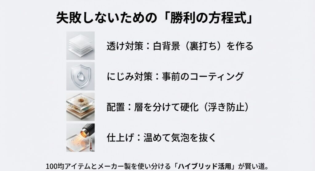 透け対策(白背景)、にじみ対策(コーティング)、配置(層分け)、仕上げ(気泡抜き)の4つのポイントをまとめた一覧画像。