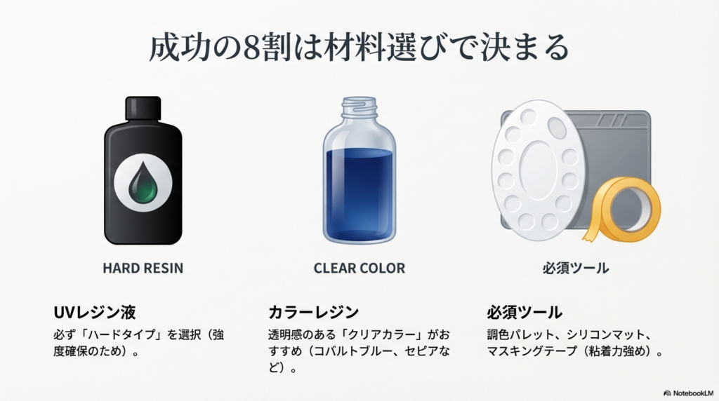 UVレジン液（ハードタイプ）、カラーレジン、調色パレットやマスキングテープなどの必須ツールが並んだイラスト。「成功の8割は材料選びで決まる」の文字。