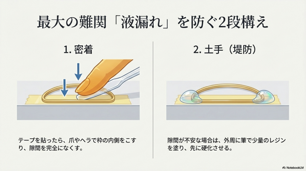 マスキングテープを隙間なく密着させる様子と、レジンで外周に土手（堤防）を作って液漏れを防ぐ「2段構え」のテクニック図解。