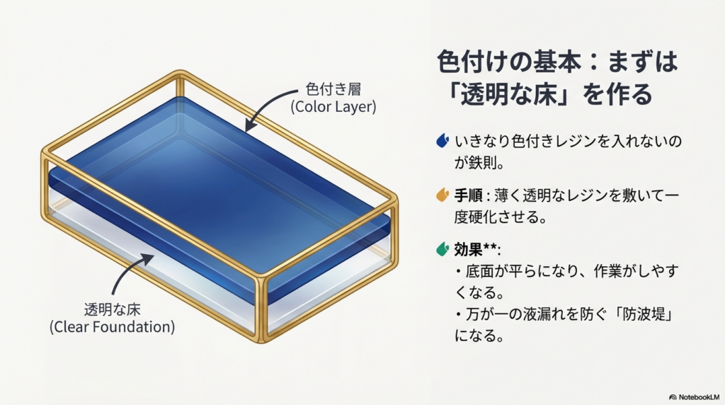 いきなり色付きレジンを入れず、まずは薄く透明なレジンを敷いて硬化させ「透明な床」を作ることで、液漏れを防ぎ作業しやすくする工程図。