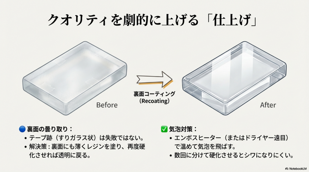 マスキングテープ跡で曇ったレジンの裏面に再度レジンを塗って透明にするBefore/After比較。エンボスヒーターでの気泡対策も記載。