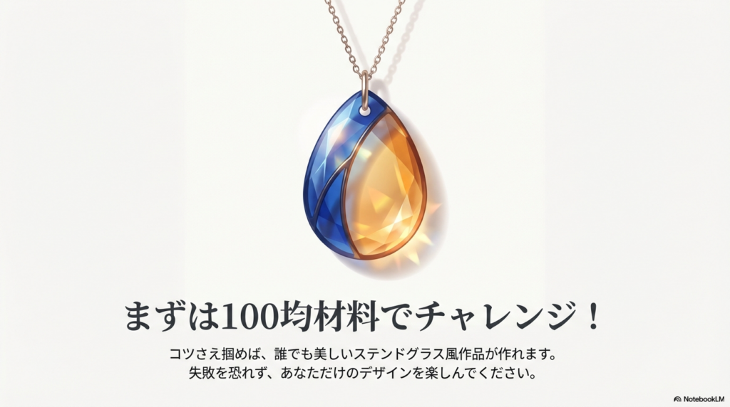 「まずは100均材料でチャレンジ！」というメッセージと共に、美しく仕上がったしずく型のステンドグラス風レジン作品のイラスト。