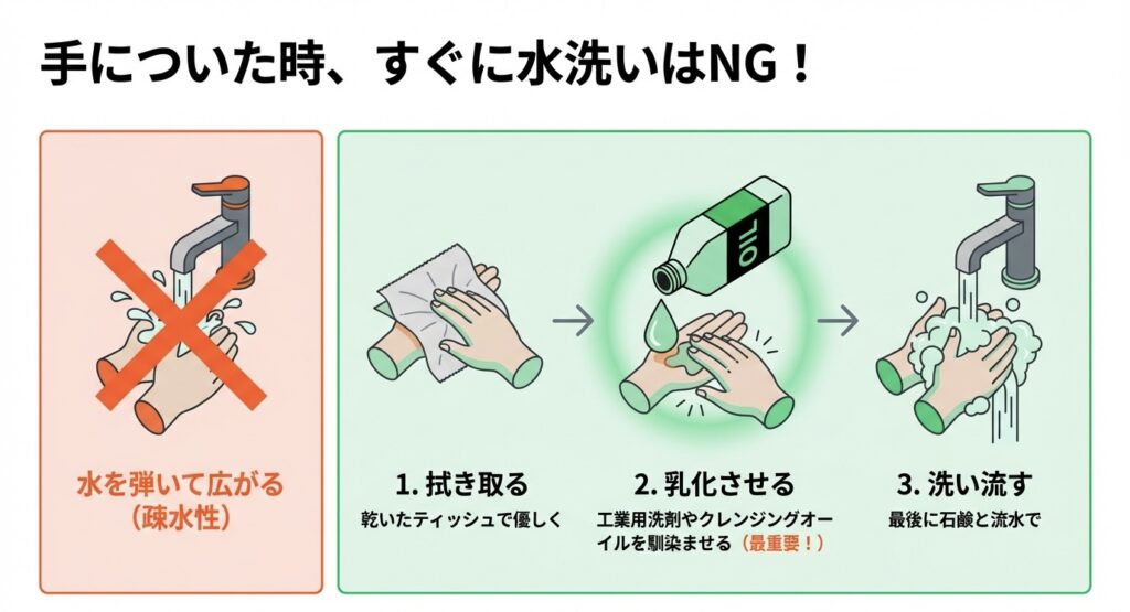 手についたレジンをすぐに水で洗うのはNG。拭き取り・乳化・洗浄の正しい3ステップ解説図。