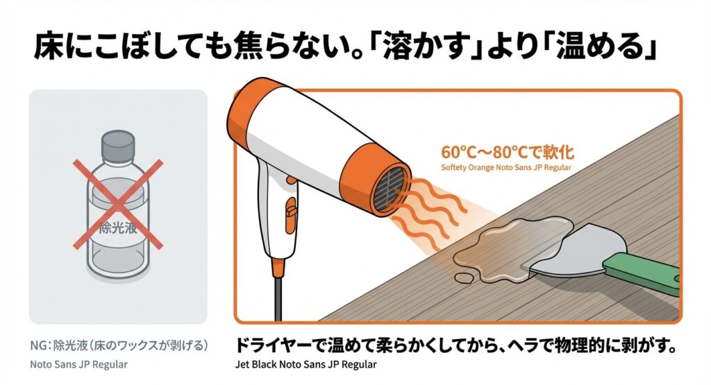 フローリングにこぼしたレジンは除光液を使わず、ドライヤーで60〜80度に温めてヘラで物理的に剥がす方法の解説図。