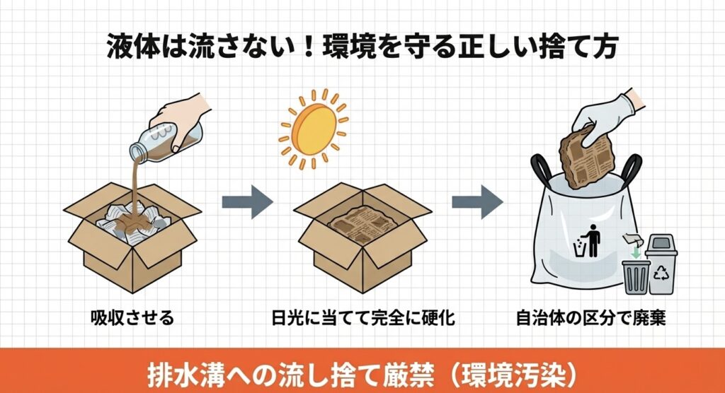 レジン液や洗浄液は排水溝に流さず、紙に吸収させて日光で完全に硬化させてから自治体の区分で廃棄する手順図。