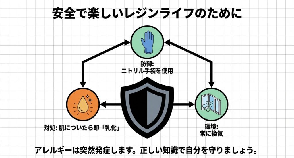 安全なレジンライフのための3要素。ニトリル手袋の使用、肌についたら即乳化、常に換気を行うことの重要性を示したイラスト。