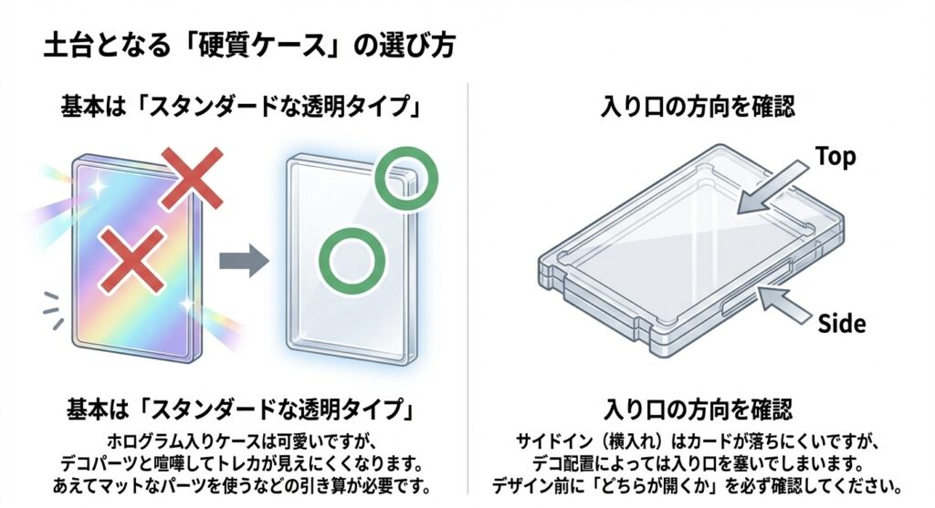 トレカデコに適したスタンダードな透明ケースと、ホログラム入りケースの比較および入り口方向の確認図
