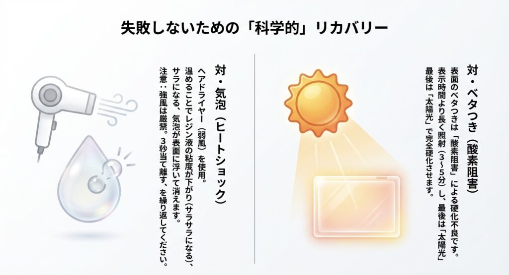 ドライヤーの熱で気泡を消すヒートショック法と、太陽光による未硬化ジェルの完全硬化テクニック
