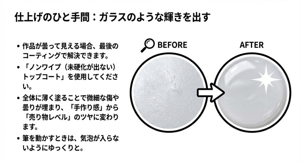 曇ったレジン表面にノンワイプトップコートを塗布し、ガラスのような透明感とツヤを出した比較画像