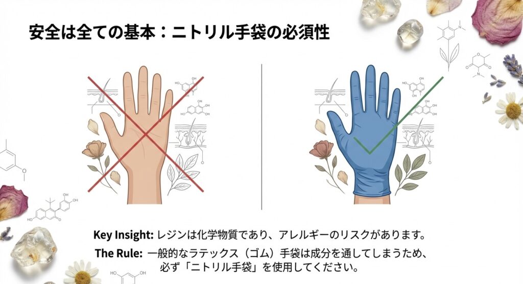 素手での作業にバツ印、ニトリル手袋着用にチェック印がついた比較図。一般的なゴム手袋ではなくニトリル製を推奨している。