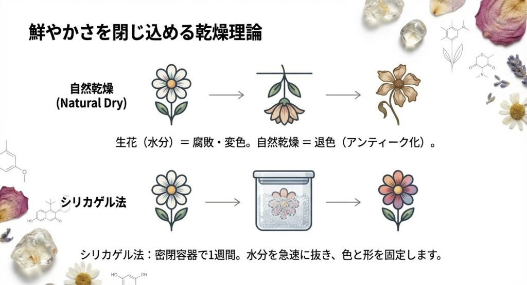 花を自然乾燥させると退色してアンティーク化するのに対し、シリカゲル法では鮮やかな色と形が維持されることを示した比較イラスト。