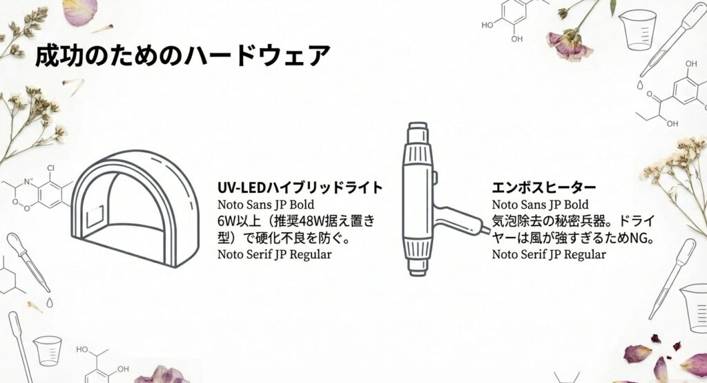 6W以上のUV-LEDハイブリッドライトと、気泡除去に使用するエンボスヒーターのイラスト解説。