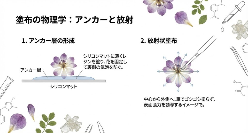 シリコンマット上で花の下にレジンを敷く「アンカー層」と、中心から外側へ表面張力を利用して塗る「放射状塗布」のテクニック図。