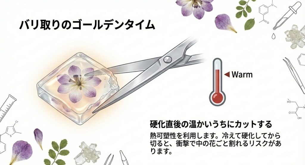 レジン硬化直後の温かいうちにハサミを入れる様子。冷えてから切ると割れるリスクがあることを説明している。