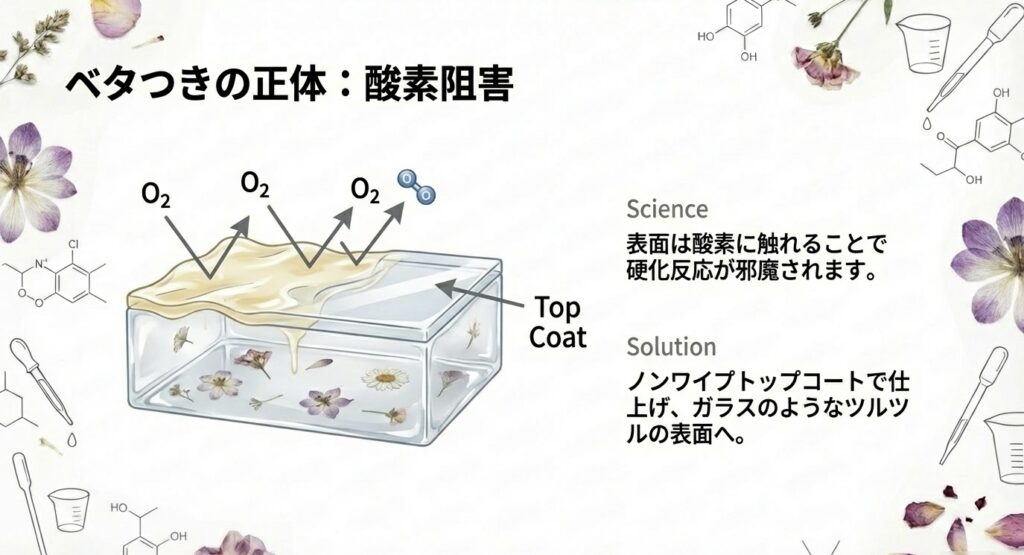 空気中の酸素がレジン表面の硬化を妨げる図と、ノンワイプトップコートでコーティングして解決する方法の図。