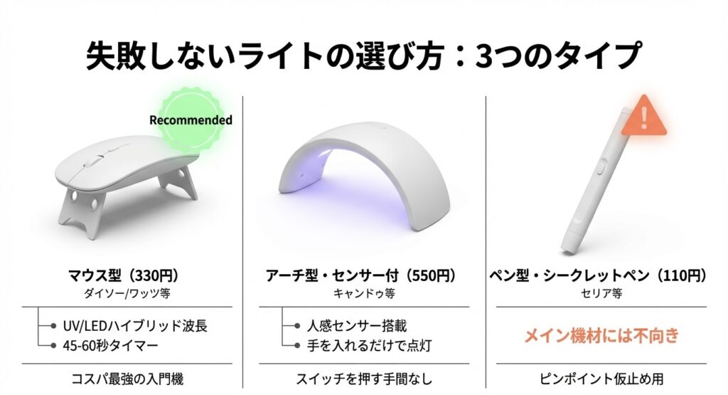 ダイソーのマウス型、キャンドゥのセンサー式、セリアのペン型ライトの性能と用途の比較図