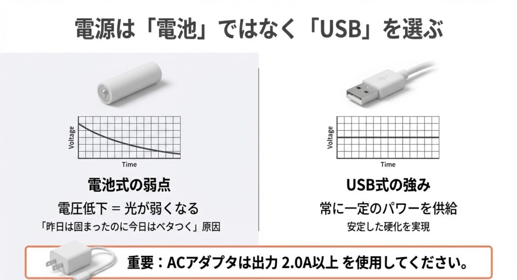 電池式の電圧低下による硬化不良のリスクと、USB給電式の安定したパワー供給の比較グラフ