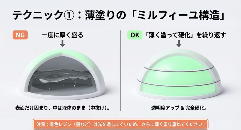 レジンの厚塗りは中抜けの原因になるため、薄く塗って硬化を繰り返すミルフィーユ構造の図解