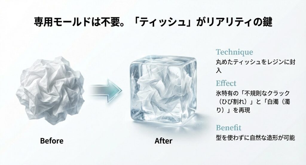 丸めたティッシュペーパーをレジンに封入し、不規則なクラックや白濁を再現してリアルな氷にするビフォーアフター。