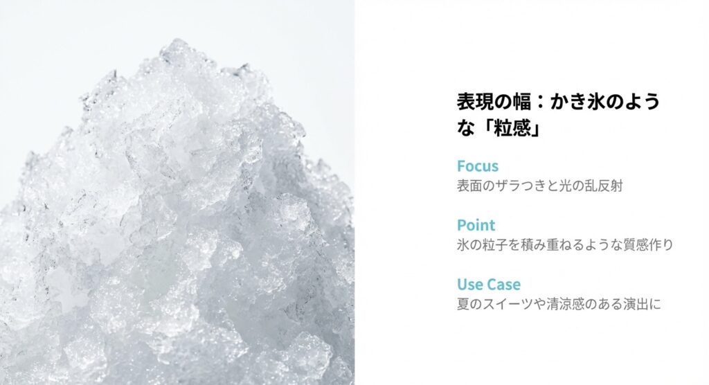 表面のザラつきと光の乱反射を表現した、かき氷のようなレジンの質感詳細。